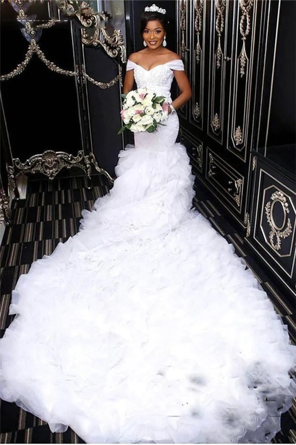 Trendy Lace Off the Shoulder Ruffles Mermaid Wedding Gown TWA230