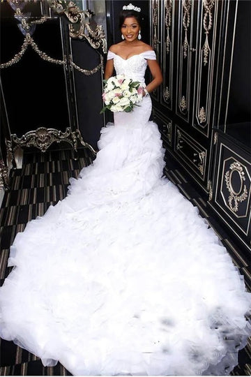 Trendy Lace Off the Shoulder Ruffles Mermaid Wedding Gown TWA230