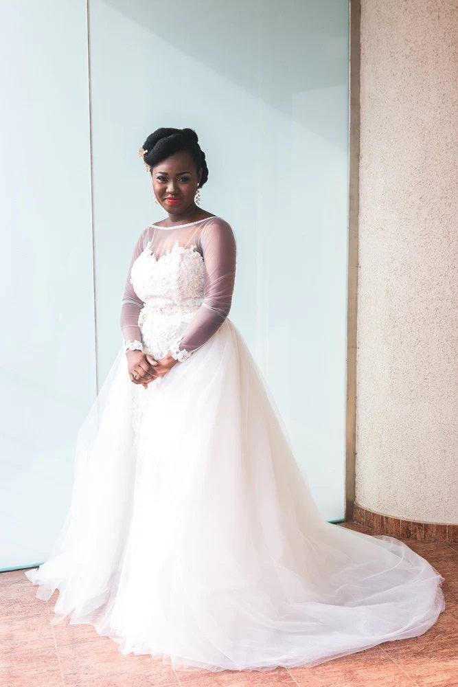 Trendy Illusion Plus Lace Long Sleeve Overskirt Princess Wedding Gown TWA231