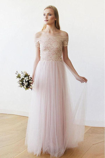 Off the Shoulder Pink Lace and Tulle Long Wedding Gown TWA2342