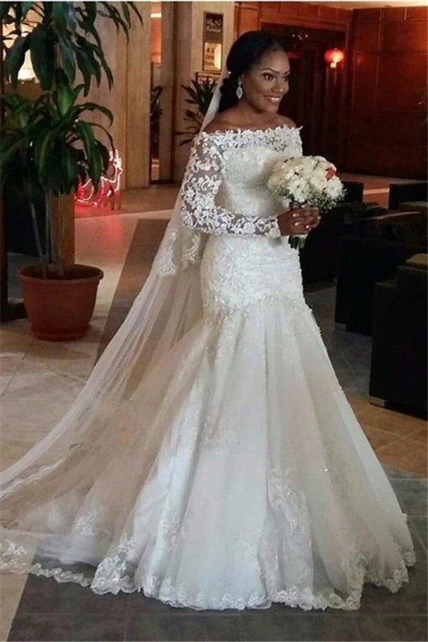 Trendy Off the Shoulder Lace Mermaid Wedding Gown TWA238