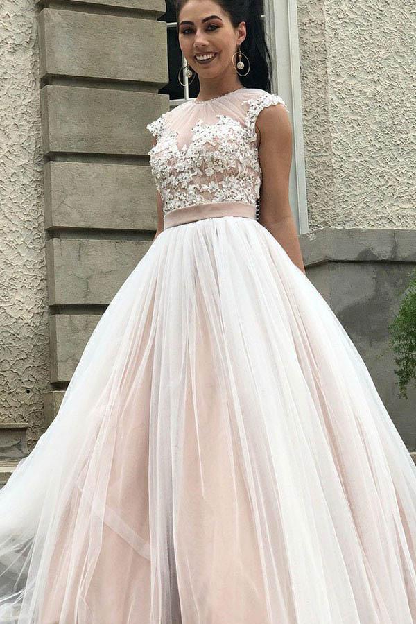 A-Line Round Neck Open Back Tulle Wedding Gown with Appliques Beading TWA2422