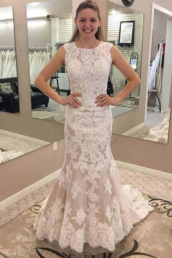 Mermaid Round Neck Illusion Back Lace Wedding Gown with Appliques TWA2492