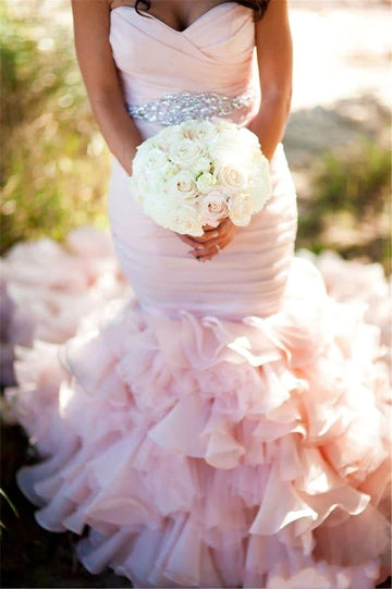 Trendy Pink Sweetheart Ruffles Mermaid Wedding Gown TWA251