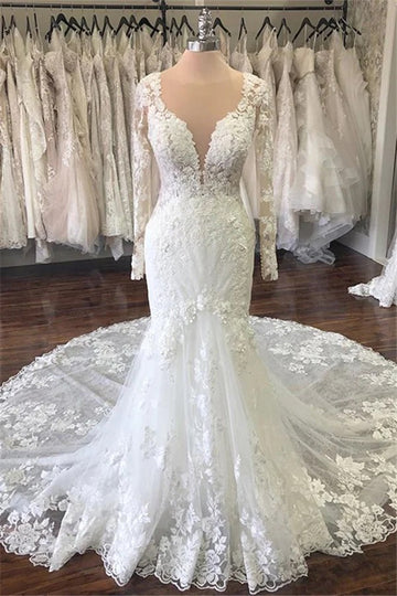 Trendy V-neck Long Sleeve Mermaid Lace Wedding Gown TWA258