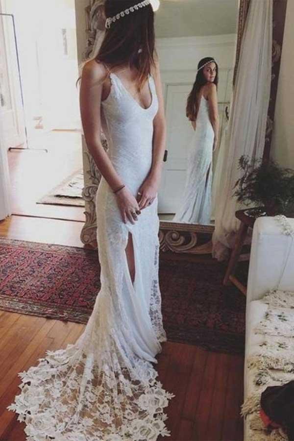 Sheath Lace Boho Split Court Train Wedding Gown TWA2582