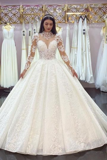 Trend Long Sleeve High Neck Lace Ball Gown Wedding Gown TWA259