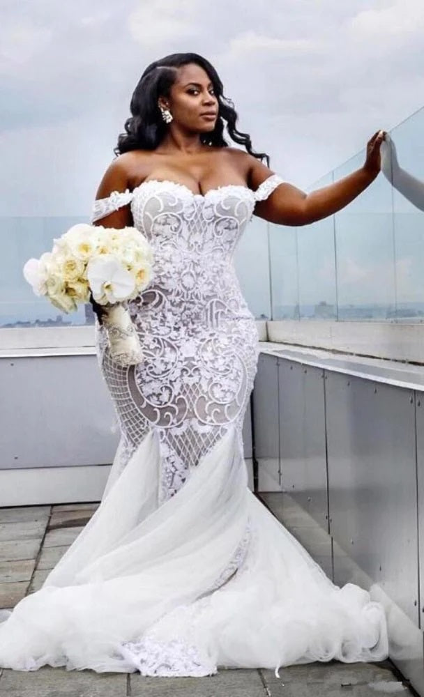 Trendy Plus Size Off the shoulder Mermaid Lace Wedding Gown TWA260