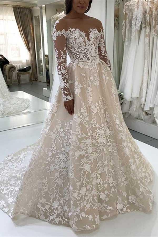 A-Line Illusion Long Sleeves Ivory Lace Wedding Gown TWA2612