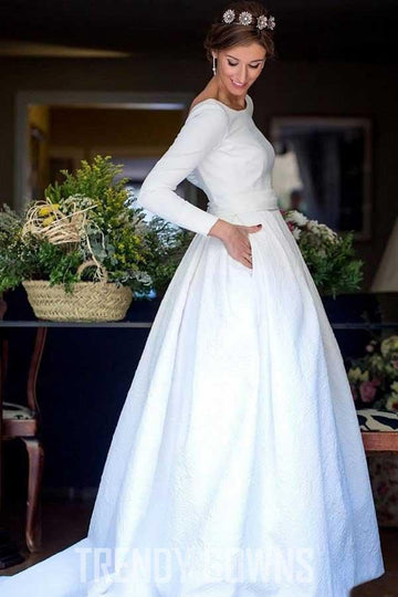 Trendy A-Line Satin Long Sleeve Wedding Gown TWA2662