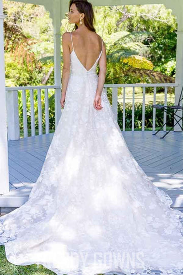 Trendy A-Line Spaghetti Straps Long Lace Wedding Gown TWA2672