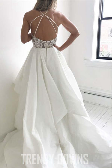 Trendy Straps Ivory Long Wedding Gown with Lace Top TWA2742