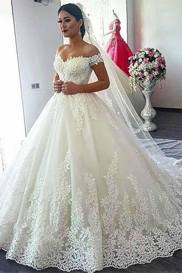 Off-the-shoulder Lace Appliques Ball Gown Wedding Gown TWA2762
