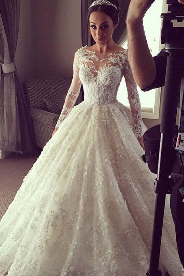 Trendy Long Sleeve Ball Gown Lace Wedding Gown TWA2802