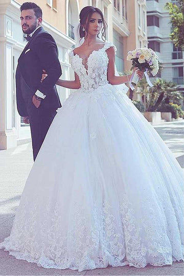 Trendy V-neck Ball Gown Lace Appliques Wedding Gown TWA2822