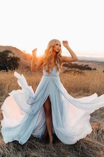 Split Sky Blue Rustic Beach Wedding Gown with Court Train TWA2892