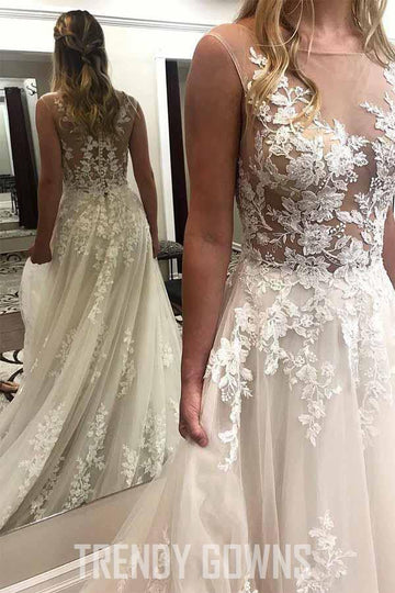 Trendy Ivory See Through Applique with Court Train Lace Wedding Gown TWA2962