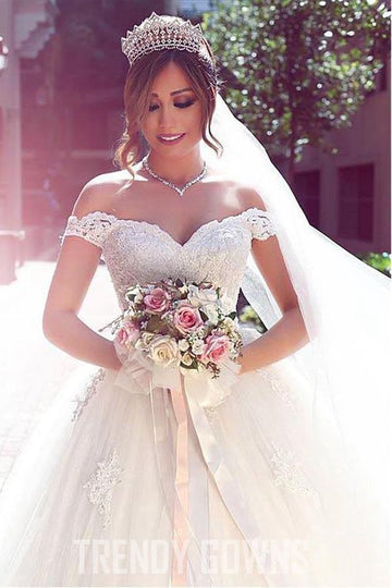 Trendy Off-the-shoulder Ball Gown Lace Appliques Wedding Gown TWA2982