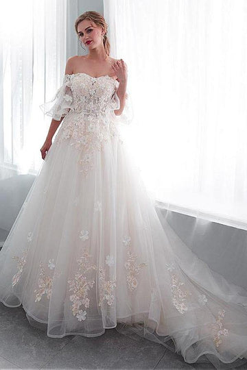 Trendy Off-the-shoulder A-line Lace Appliques Wedding Gown TWA3002