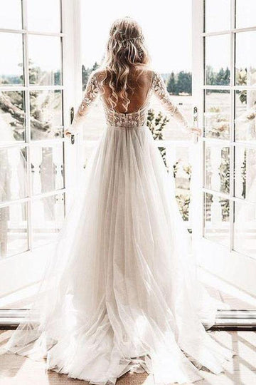 Trendy Long Sleeve Ivory Tulle See Through Wedding Gown TWA3022