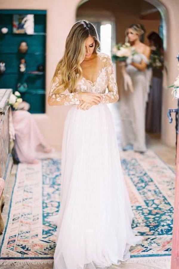 Trendy Long Sleeve Ivory Tulle See Through Wedding Gown TWA3022