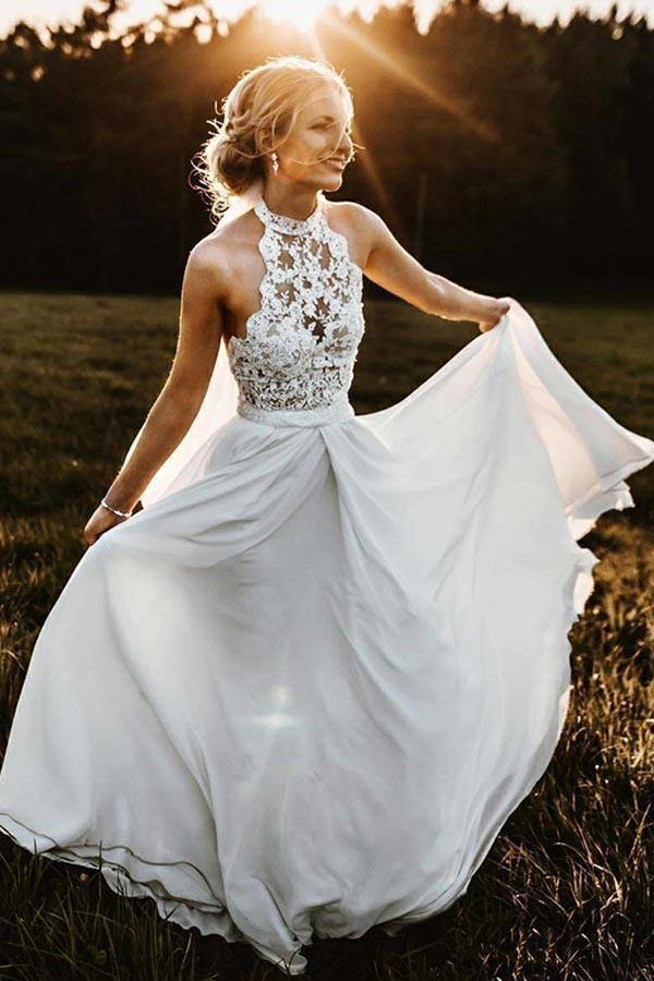 A-Line Halter Chiffon BOHO Lace Beach Wedding Gown TWA3042