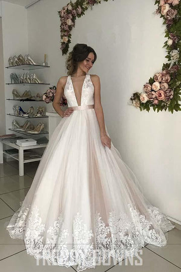 Trendy V-Neck Lace Tulle Pink Wedding Gowns TWA3062