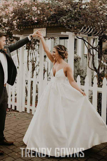 Simple Satin A-Line Straps Ivory Wedding Gown TWA3082