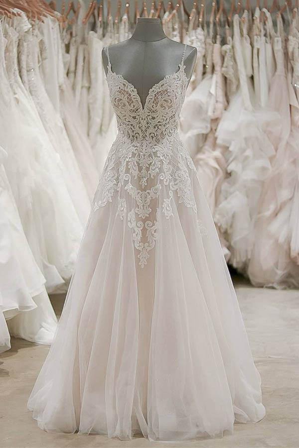 Strap V Neck Beach Ivory Tulle Wedding Gown TWA3092