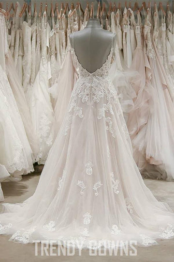 Strap V Neck Beach Ivory Tulle Wedding Gown TWA3092