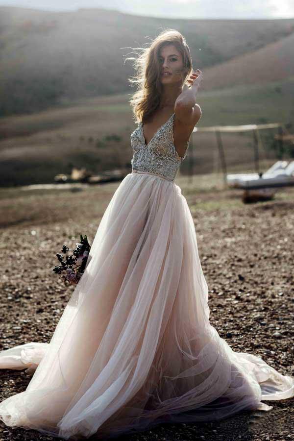 Sparkle Beading Pink A-line V-neck Bridal Gowns TWA3152