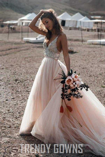 Sparkle Beading Pink A-line V-neck Bridal Gowns TWA3152