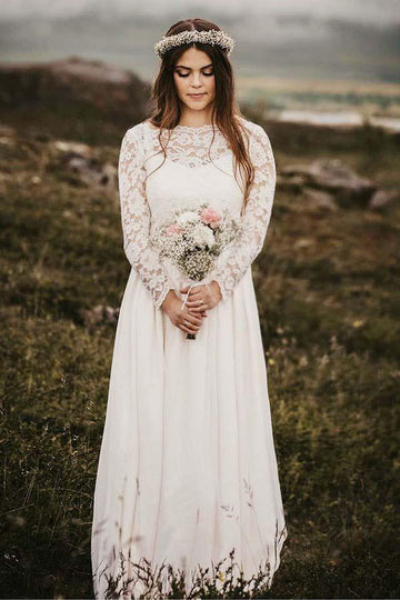 A-Line Chiffon Boho Long Sleeves Wedding Gown TWA3192