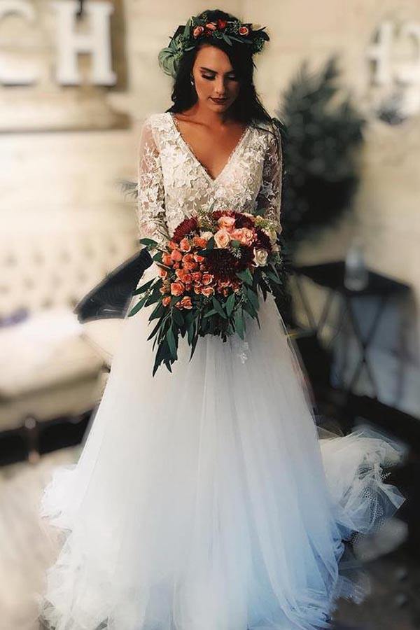Trendy A-line Long Sleeves Tulle Lace Applique Wedding Gown TWA3242