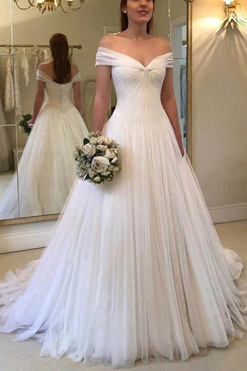 Trendy A-line Off the Shoulder Tulle Ivory Wedding Gown TWA3262