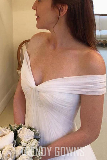 Trendy A-line Off the Shoulder Tulle Ivory Wedding Gown TWA3262