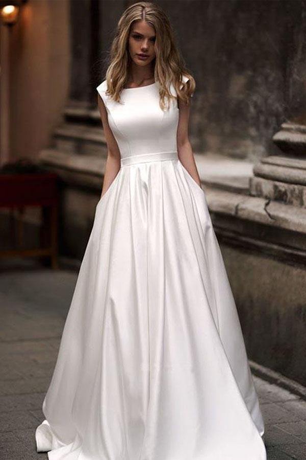 Trendy A-line Princess Ivory Satin Wedding Gown with Pockets TWA3282