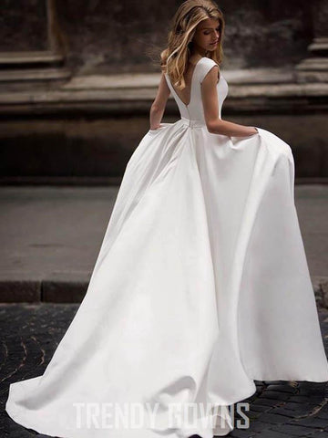 Trendy A-line Princess Ivory Satin Wedding Gown with Pockets TWA3282