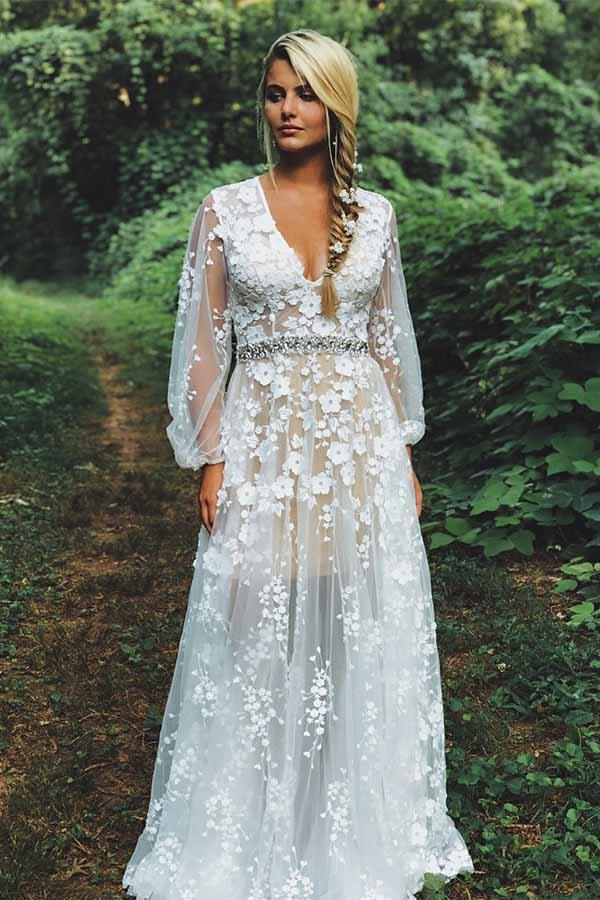 Trendy Beading V-neck White Lace Long Sleeves Wedding Gown TWA3302