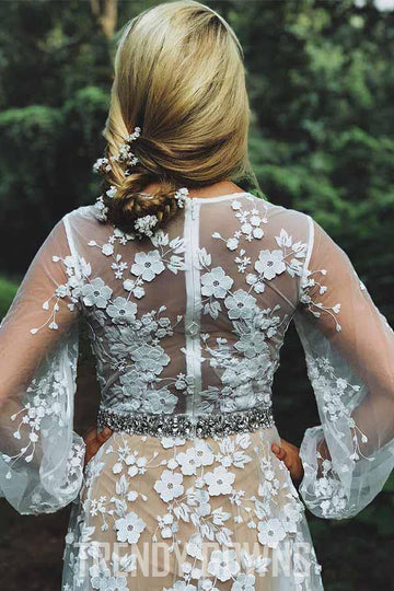 Trendy Beading V-neck White Lace Long Sleeves Wedding Gown TWA3302