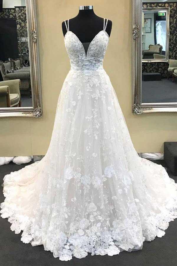 Ball Gown V Neck Spaghetti Straps Ivory Lace Wedding Gown TWA3312