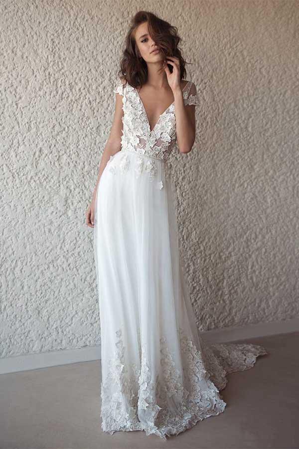 Ivory Cap Sleeve Wedding Gown Beach Bridal Gown TWA3322