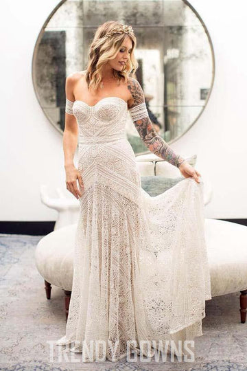 Ivory Lace Beach Sweetheart Neck Wedding Gown TWA3352