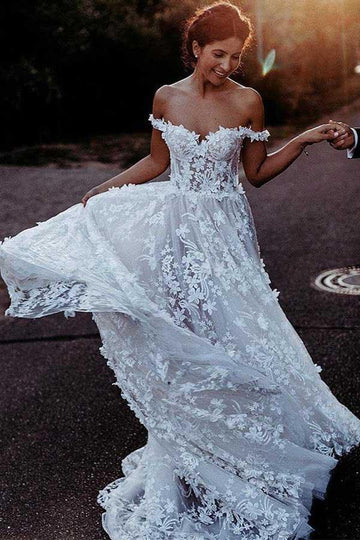 Trendy Appliques A-Line Off the Shoulder White Tulle Wedding Gown TWA3372