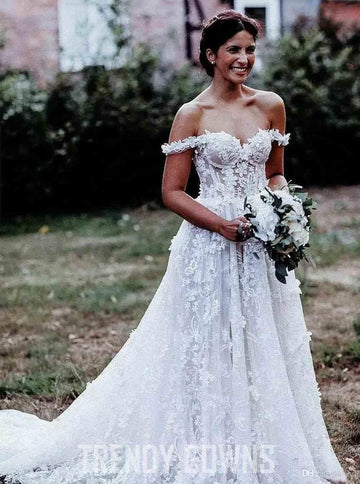 Trendy Appliques A-Line Off the Shoulder White Tulle Wedding Gown TWA3372