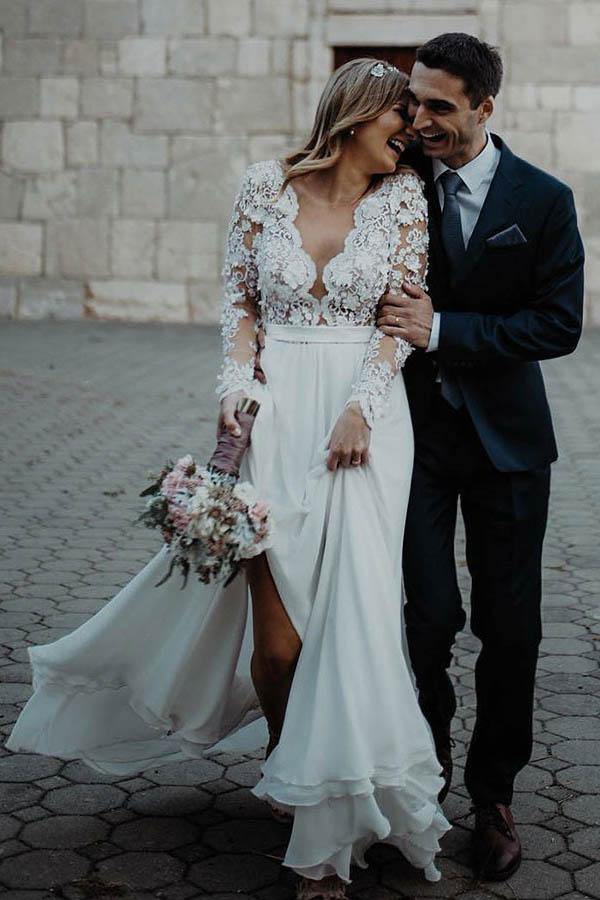 A-Line V-Neck Boho Chiffon Appliques Flowers Wedding Gown TWA3402