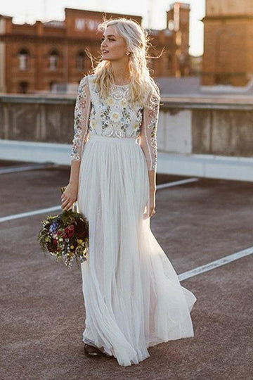 Trendy A-Line Lace Long Sleeves Chiffon Boho Wedding Gown TWA3412