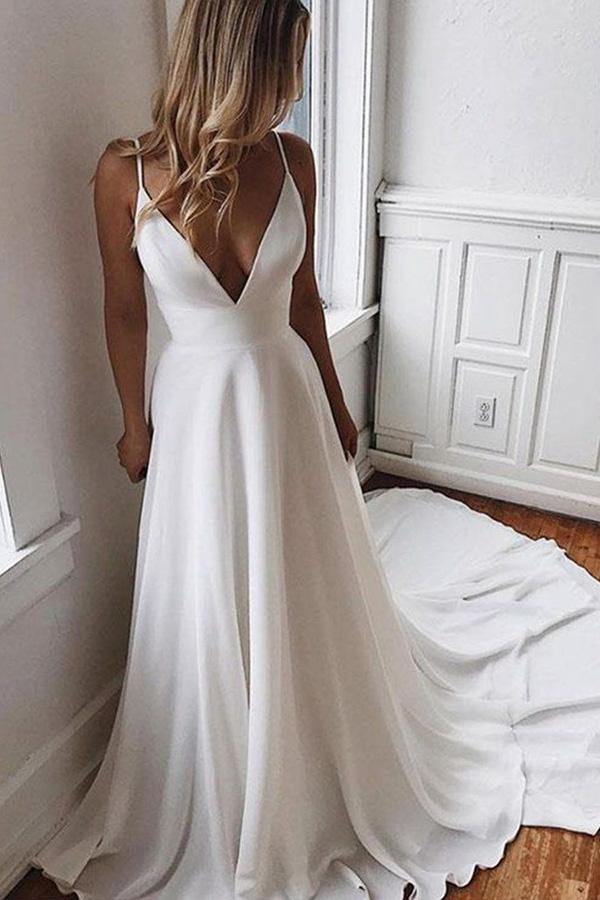 Chiffon A-line V-neck Lace Spaghetti Straps Wedding Gown TWA3432