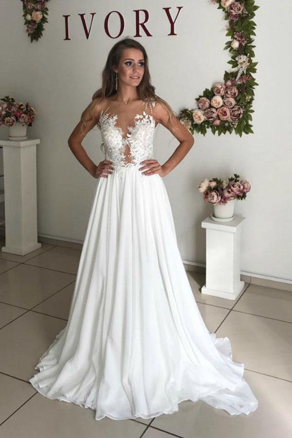 Trendy A-Line White Chiffon Appliques See Through Boho Wedding Gown TWA3442
