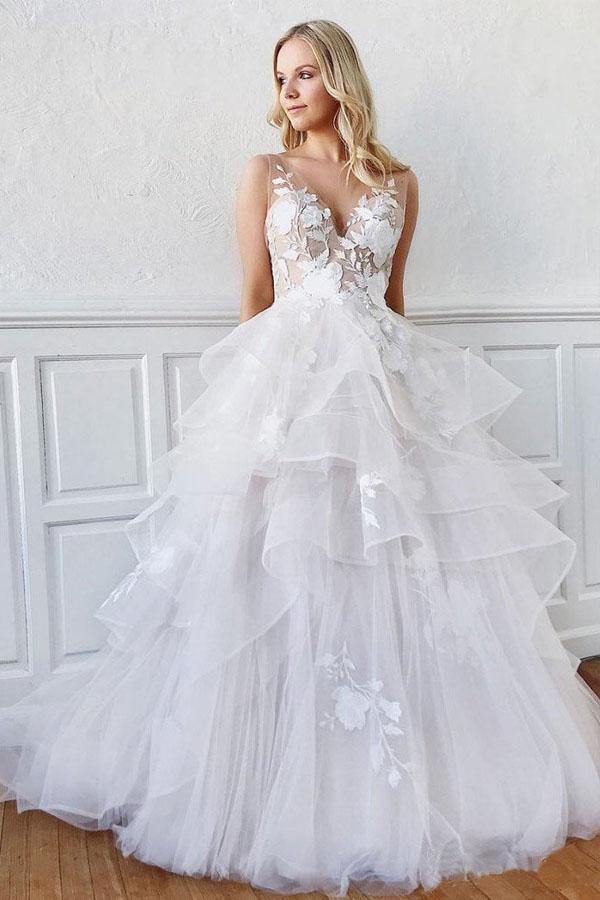 Trendy V Neck Ball Gown Layered Skirt Wedding Gown TWA3452